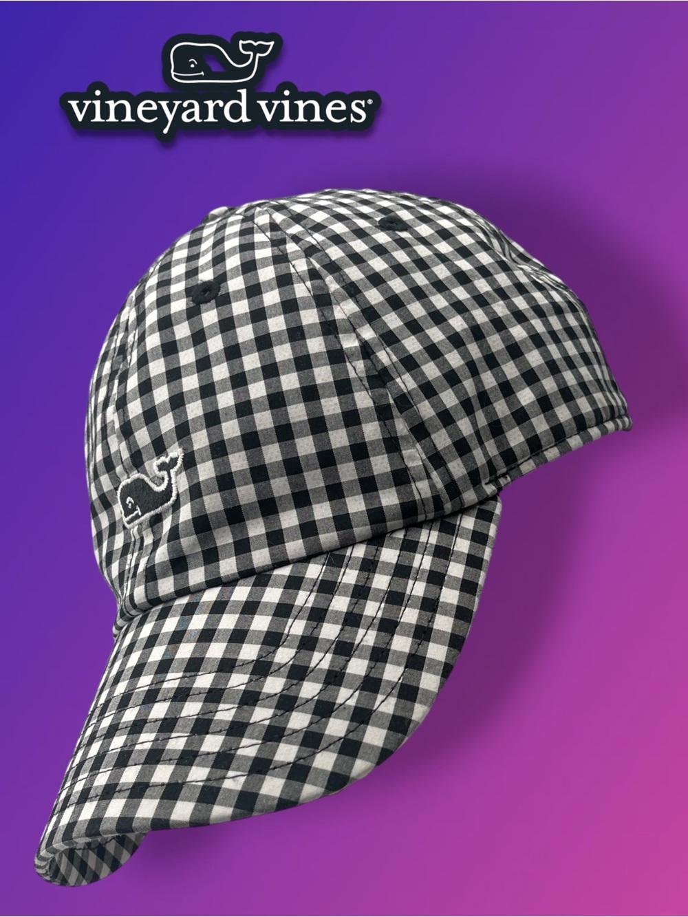 Vineyard Vines Gingham Whale Baseball Cap – Black & White Plaid